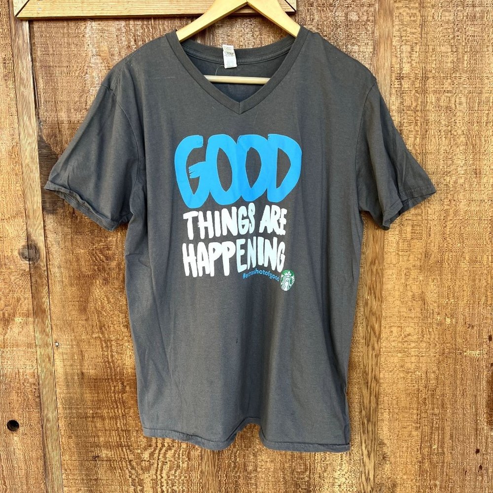 Starbucks Grey Short Sleeve Good Things are Happening Unisex Medium Tee V-Neck